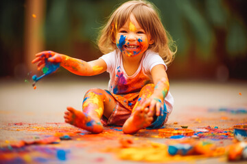 Little adorable girl playing with colors and making a mess while having fun, messy kids play - obrazy, fototapety, plakaty