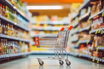 Shot of shopping card inside supermarket aisle with products on shelves, shopping advertisement
