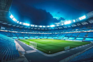 Shot of a stadium with football field at night with blue light tone, aesthetically pleasing