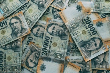 Top view of a stack of Hungarian forint banknotes