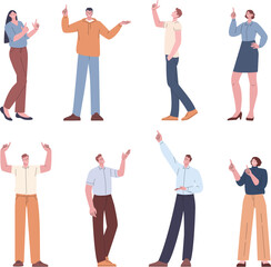 Fototapeta premium People pointing up. Casual person looking in sky, business characters point finger. Women men positive expressions, human aim kicky vector set