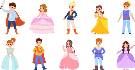 Princess and prince, little lady and knight. Magic world children characters, girls and boys in costume and dress. Fairytale snugly vector clipart