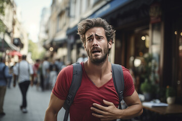 Fototapeta premium Young suffers a heart attack while is walking in the street.
