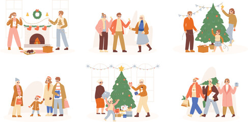 Friends christmas prepare, family winter holiday together. Giving gifts and xmas tree decorate with child, buy presents snugly vector scenes