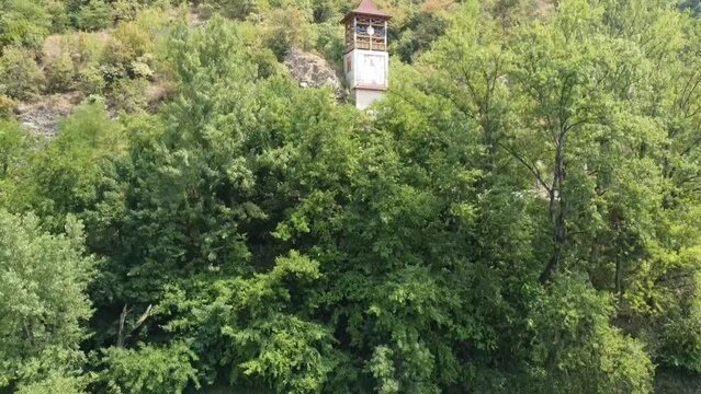 Aerial video of the fortress and road on the river shore, zvornik, Bosnia and Herzegovina