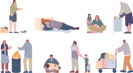 Obraz premium Homeless adult people, poor women and men. Poverty, unemployed and refugees. Person life on street, beggar and social isolation kicky vector scenes