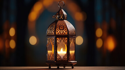 Fototapeta na wymiar Luminous tradition. A lantern, softly lit by a candle, traditional customs observed during Ramadan Kareem. Wallpaper banner with copy space. 