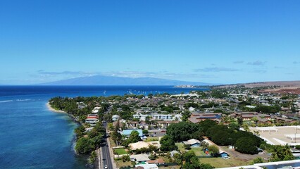 Aerial view of buildings on the green coastline against ocean waves