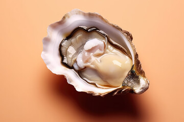 Top view of Open tasty delicious oyster on flat orange color background with copy space. 
