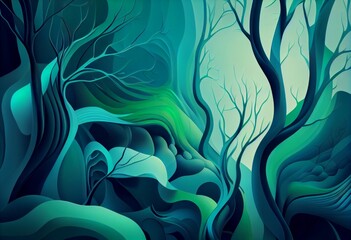 A dense and vibrant forest landscape filled with towering trees