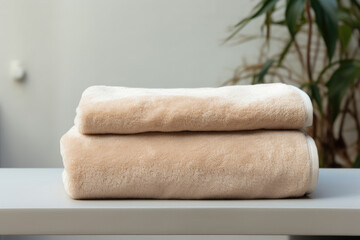 A set of beige bath terry towels on a wooden table