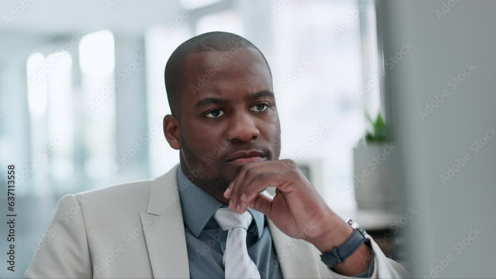 Aufkleber Business, black man and thinking at computer in office for problem solving, solution and brainstorming research online. Face of corporate worker at desktop for ideas, decision and insight for choice