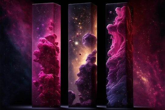 vibrant magenta AI illustration in a space-styled background with three columns rising upv