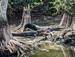 Multiple alligators inhabiting a lush, green area near a body of shallow water.