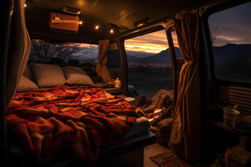 Camping in the van in nature, light switched on inside the van