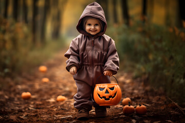 a young child holding a pumpkin jack-o-lanern basket on halloween, going trick-or-treating