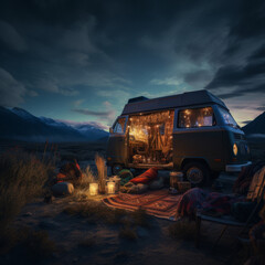 Fototapeta na wymiar Camping in the van in nature, light switched on inside the van