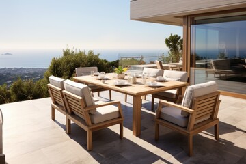 Fototapeta na wymiar The terrace of a modern house and hotel. Luxury outdoor dining table with chairs