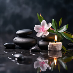 Fototapeta na wymiar Spa background with spa accessories and zen stones on a dark background