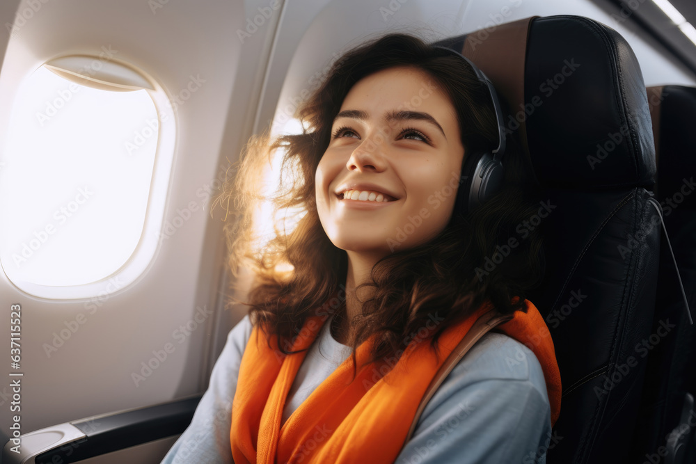 Wall mural a young woman is sitting in an airplane near the window, listening to music with headphones