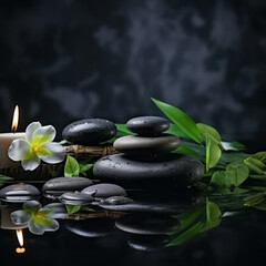 Fototapeta na wymiar Spa background with spa accessories and zen stones on a dark background
