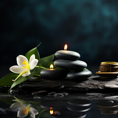 Obraz na płótnie Canvas Spa background with spa accessories and zen stones on a dark background