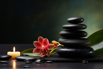 Spa background with spa accessories and zen stones on a dark background