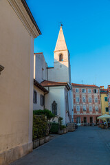 A view at sunset towards the church in the town of Izola, Slovenia in summertime