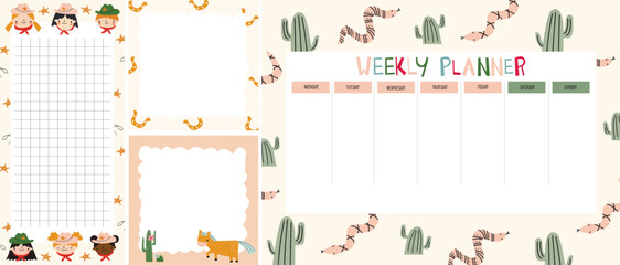 et of weekly planners in wild west style. Kids schedule of classes. Notes and to do list. Memo pages with cowboys, cactus, horseshoe, horse, snake. Western. Timetable design. Organizer sheets
