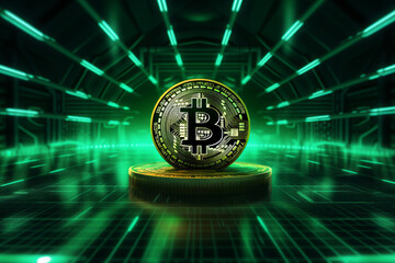 Crypto currency Bitcoin (BTC): Bitcoin golden coins on a chart, Blockchain technology, bitcoin mining concept, green matrix background