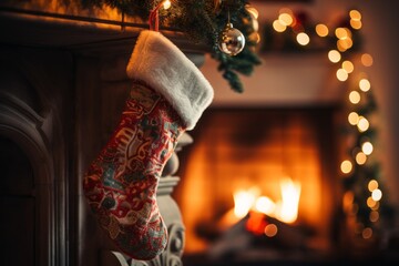 Socks for gifts in a festive interior. Merry christmas and happy new year concept