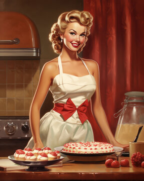 Minimalistic retro postcard of happy smiling woman in white dress, cooks food and serve a table in pin up style
