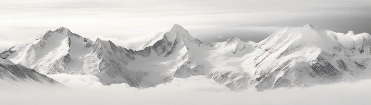a black and white image of many snow covered mountains Generative AI