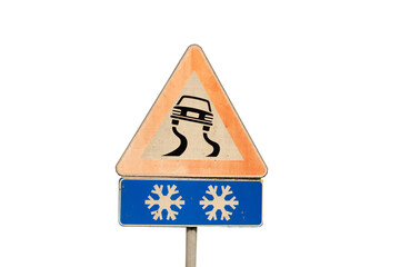 slippery snowy road warning danger signpost