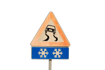 slippery snowy road warning danger signpost