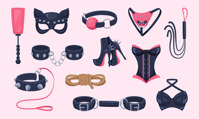 Fetish adults. Role play bdsm game stuff exact vector erotic collection - obrazy, fototapety, plakaty