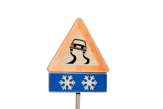 slippery snowy road warning danger signpost