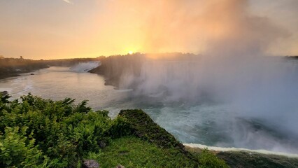 Scenic view of Niagara Falls in Canada at golden sunrise