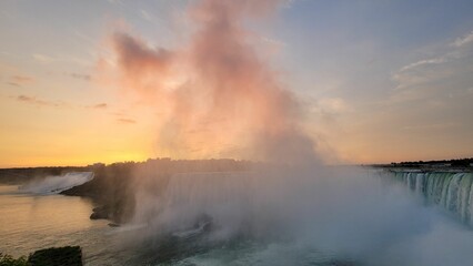 Scenic view of Niagara Falls in Canada at golden sunrise