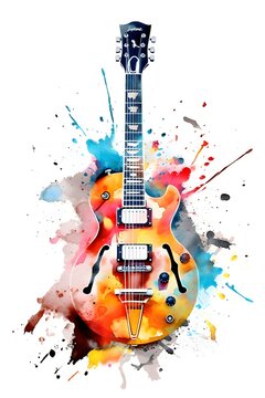 Guitar with color splashes on white background. Watercolor illustration.