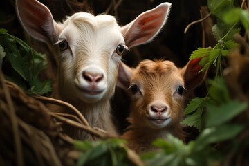 two baby goats surrounded by green leaves