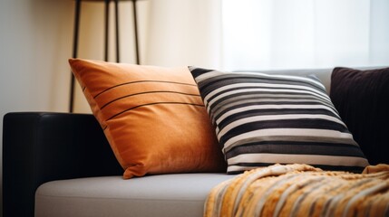 yellow stripped pillows with pattern on sofa close up