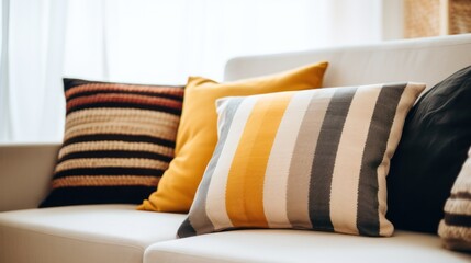 yellow stripped pillows with pattern on sofa close up