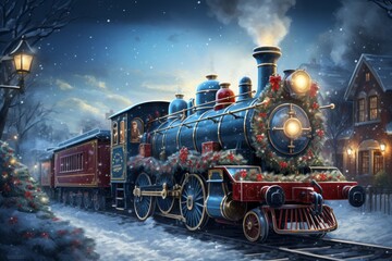 Fairy locomotive in holiday postcard style. Merry christmas and happy new year concept - obrazy, fototapety, plakaty