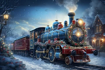 Photo sur Plexiglas Bleu Jeans Fairy locomotive in holiday postcard style. Merry christmas and happy new year concept