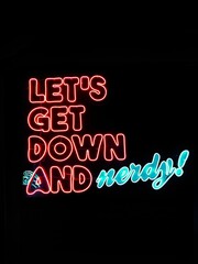 Book shop neon sign 'let's get down and nerdy' in blue and red lights