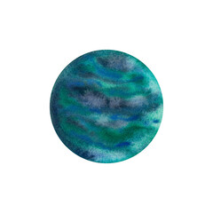 Cartoon of planet Uranus, solar system planets. Science and education. Watercolor illustration isolated on white background.