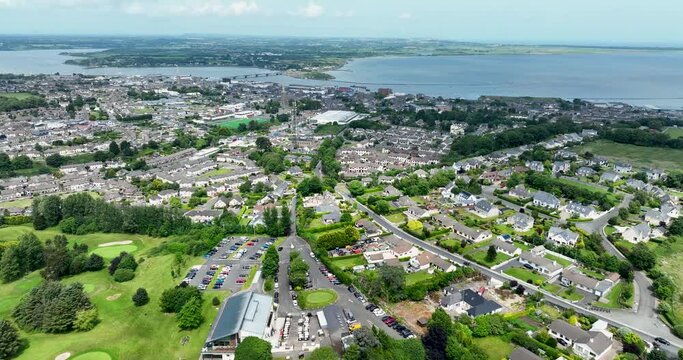 Panoramic bird's eye view of the city of Wexford, Ireland 4k