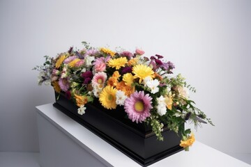 A black coffin with a glossy finish and a black base, filled with colorful flowers in pink, yellow, orange, white and purple.