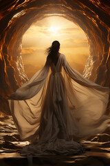 Back of a low angle sunrise fashion photoreal photograph like a movie poster of a beautiful winged Arch angel Michael wearing a white robe with a sword. AI generative